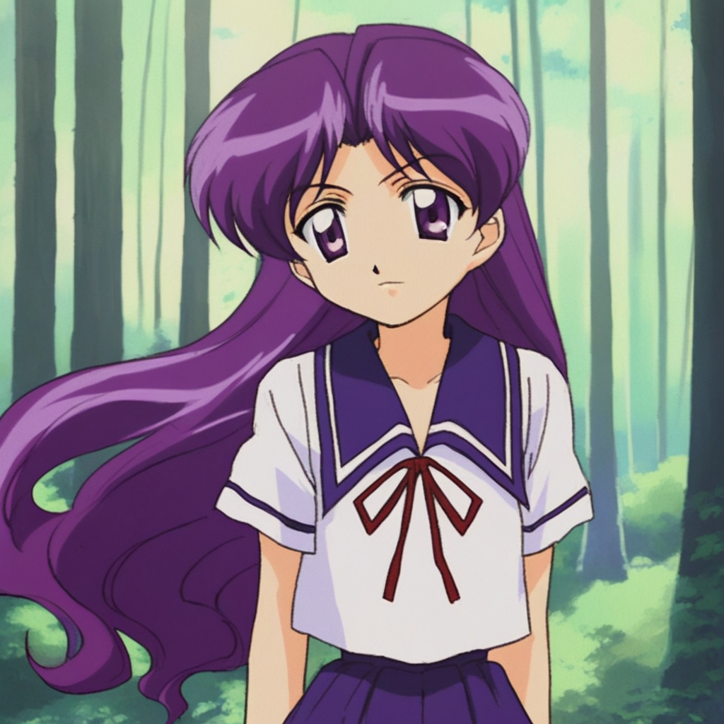 score_9, solo, miyuki_mayu, purple hair, long hair, purple eyes, school uniform, cute, confident, forest, natural lighting