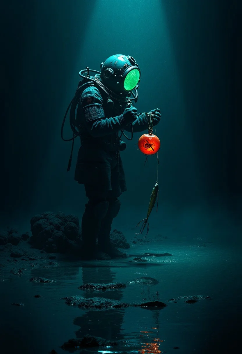masterpiece, best quality, very aesthetic, absurdres, painterly, brush strokes, black theme,Glitch, Koft blend of creamy blue and charcoal black, black background, , nglerfish, antique diver's helmet, deep ocean, glowing lure, eerie lighting, bioluminescent glow, dark water, surreal, reflective surface, horror underwater scene