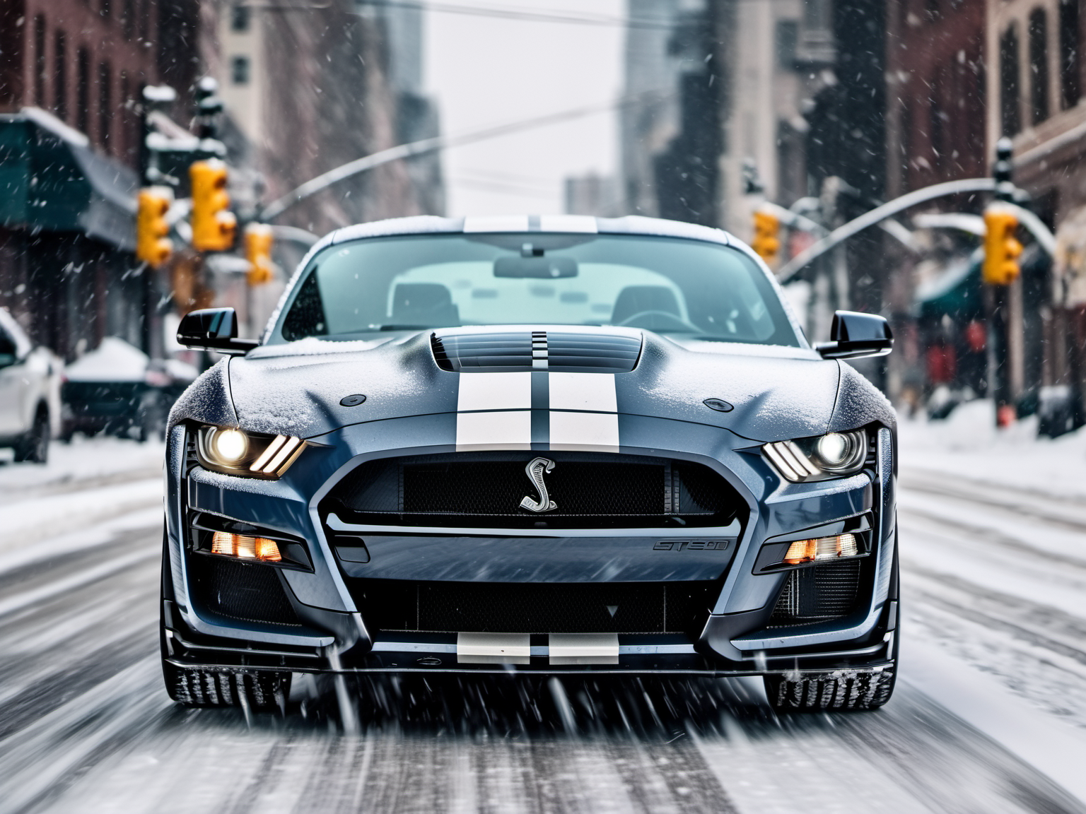 a closeup photo of mstgsgt500 car driving in the snow in the city, snowing, hdr, 8k, ultra high-res, movie picture frame<lora:mstgsgt500_car_t02_SDXL-000010:0.7>