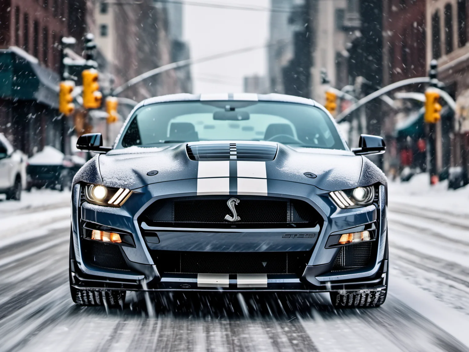 a closeup photo of mstgsgt500 car driving in the snow in the city, snowing, hdr, 8k, ultra high-res, movie picture frame<lora:mstgsgt500_car_t02_SDXL-000010:0.7>