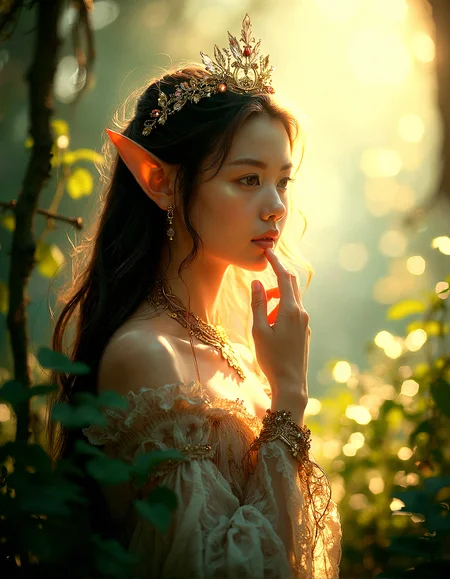 Extreme photorealistic depiction of a Serene young elven princess under soft sunlight, A graceful, fantasy character with intricate attire,intricate elven tiara, beautiful elven pointy ears, and very smooth skin standing peacefully in a sun-dappled forest, filled with beautiful plant,Dark, moody light from an overcast sky, with occasional bright flashes from lightning.Close-up face of young elven princess with one hand gently touching her own lips.