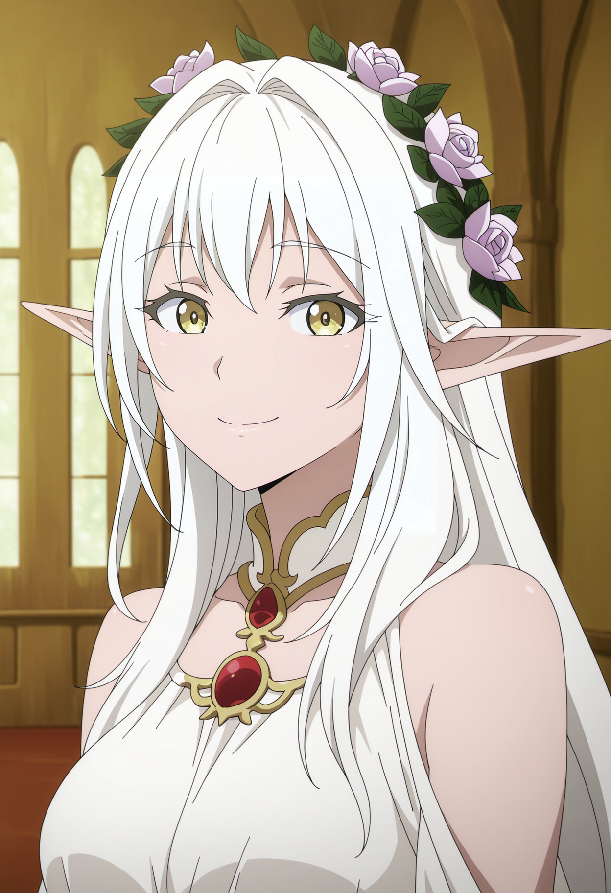 1girl,solo,mm,mature female,long hair,pointy ears,elf,hair ornament,hair flower,white hair,yellow eyes,anime coloring,
white dress,bare shoulders,head wreath,upper body, looking at viewer, smile,indoors
,masterpiece,best quality,amazing quality,<lora:Kakan_no_Morihime-Goblin_Slayer:0.8>