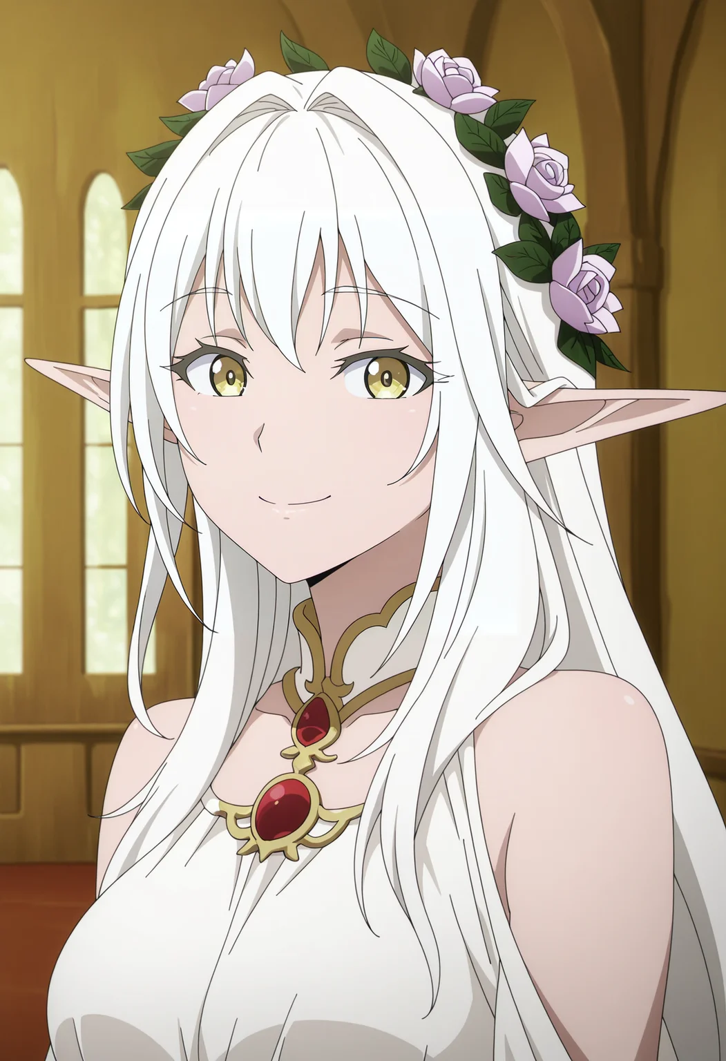 1girl,solo,mm,mature female,long hair,pointy ears,elf,hair ornament,hair flower,white hair,yellow eyes,anime coloring,
white dress,bare shoulders,head wreath,upper body, looking at viewer, smile,indoors
,masterpiece,best quality,amazing quality,<lora:Kakan_no_Morihime-Goblin_Slayer:0.8>