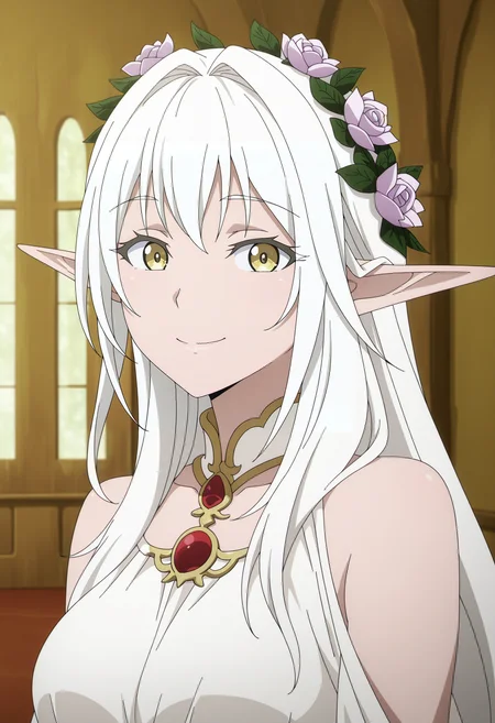 1girl,solo,mm,mature female,long hair,pointy ears,elf,hair ornament,hair flower,white hair,yellow eyes,anime coloring,
white dress,bare shoulders,head wreath,upper body, looking at viewer, smile,indoors
,masterpiece,best quality,amazing quality,<lora:Kakan_no_Morihime-Goblin_Slayer:0.8>
