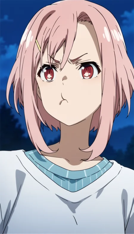 score_9,score_8_up,score_7_up,
<lora:yoshinokoharu>,yoshinokoharu,
1girl,solo,pink hair,short hair,bangs,red eyes,angry,raised eyebrows,closed mouth,pout,white pullover,blue shirt,portrait,fron view,
outdoors,night,