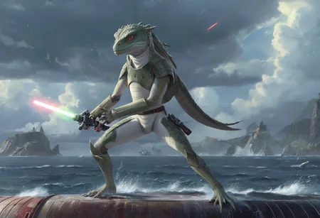 a (solo:1.5) black white lizard with (star wars armor:1.5) sword on belt (cockpit instruments view:1.5) inside star-wars style spaceship over (ocean:0.5) (waves:0.5), in the middle of sea, many meteors,
dawn, heavy rain, wind, windy, typhoon, hurricane, tropical storm, fog, mountain, sky, cloud, deluge, rainforest,
(anime:1.5) , anime screencap in mnst artstyle, full body character portrait landscape