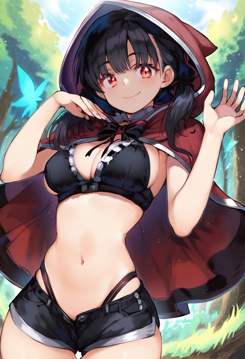 solo, hyocorou, 1girl, long hair, bangs, red eyes, black hair, medium breasts, smile, BREAK <lora:little-red-riding-hood-cosplay-ponyxl-lora-nochekaiser:1>, littleredridinghoodcosplay little red riding hood \(grim\) \(cosplay\), red hood, hooded capelet, red capelet, red cloak, hood, black short shorts, black bikini top, small bikini, tight bikini top, skimpy clothes, BREAK outdoors, forest, colorful, looking at viewer, BREAK ((ultra-detailed)), ((best quality)), ((best quality)), ((beautiful eyes)), ((extremely detailed)), 4K, (8K), best quality, (beautiful), Master piece, highres, score_9, score_8_up, score_7_up, score_6_up, score_5_up, score_4_up, colorful, best quality, official art, highres, masterpiece, nai3, god light, detailed background, high quality background,