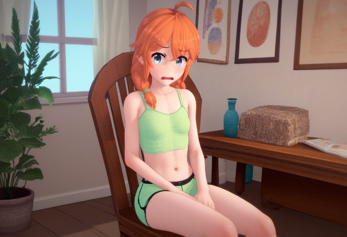 zPDXL, score_9, score_8_up, score_7_up, score_6_up, score_5_up, score_4_up, BREAK  <lora:Molly_MacCormack_from_LiL_PonyXL:0.8>, summer_molly, 1girl, solo, sitting, navel, indoors, midriff, open mouth, chair, small breasts, hair between eyes, looking at viewer, embarrassed