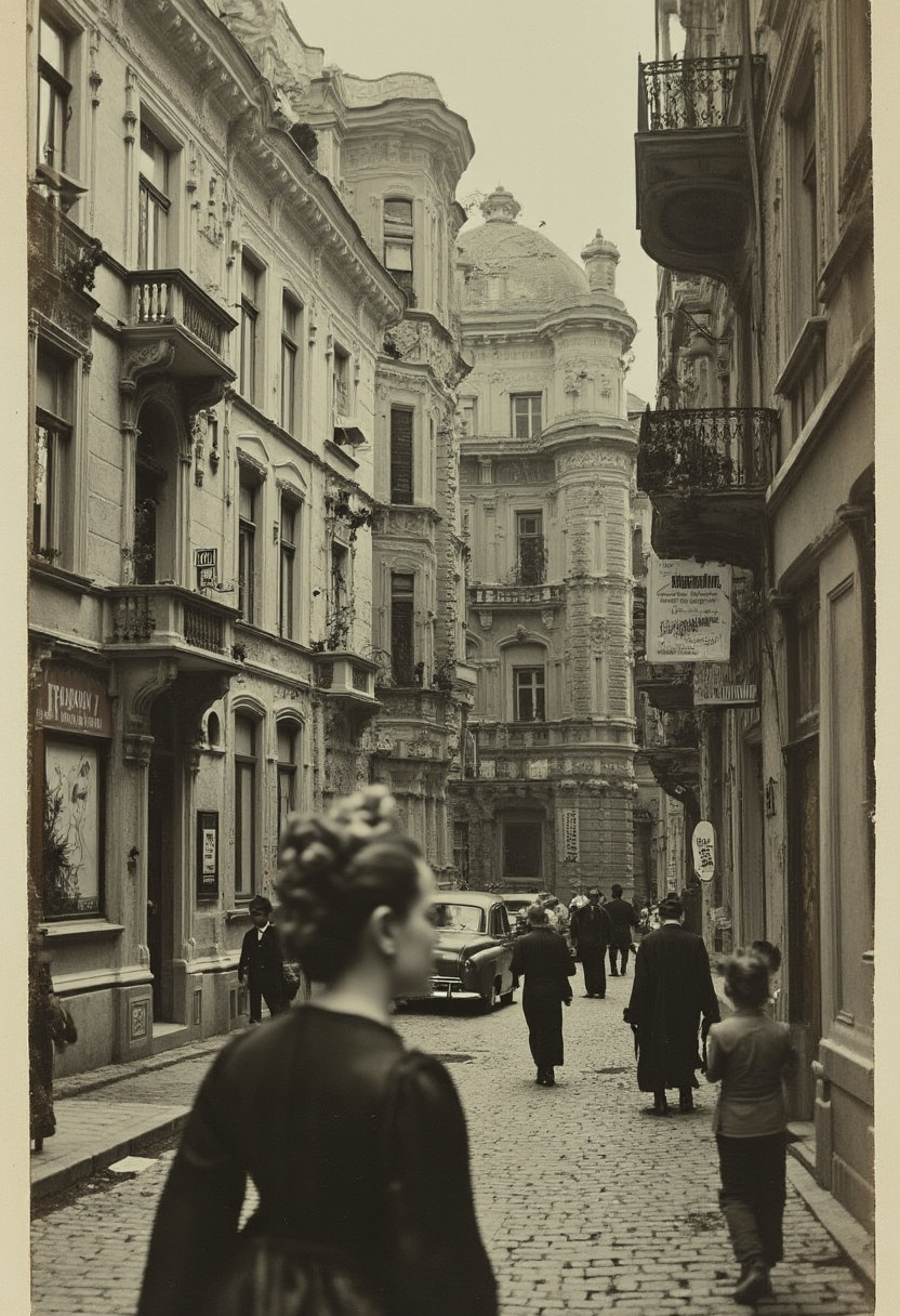 A yfg-v1nt vintage (close-up portrait:2.45) of a woman spying on someone. Eastern European city. Big, intricate apartment buildings with a mix of baroque and brutalism, like an imitation of Paris drawn by an architect who's never been there. Strange people. Strangers peeking out through windows. Vintage advertising posters on the walls. Lost children. Cult members, Femmes Fatales, anarchists, conspirators, street musicians. Vintage cars, stores, street signs. The scene is set in a dimly lit, surreal urban landscape, an Eastern European city in the 1940s. The atmosphere is dense with a dream-like quality, filled with elongated shadows and surreal/ethereal atmosphere - with strange people hiding in the shadows, narrow winding streets, gold foil, multiple exposure.