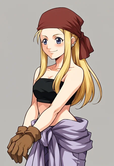 score_9, score_8_up, score_7_up, source_anime BREAK
<lora:zs_FE9PortraitsXL:1> fe9portraits, solo, cowboy shot, simple background, 1girl, blush, smile, arms folded
 <lora:winry-pdxl-nvwls-v1:1> winry rockbell, blonde hair, earrings, red bandana, black tube top, strapless, midriff, clothes around waist, purple pants, brown gloves,