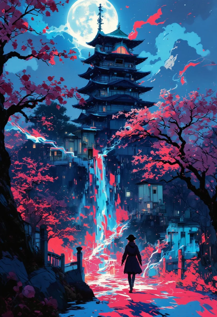 anime art, pscho_4rt, a breathtaking ultra-HD anime-style illustration of a electro_style, cowboy, masterpiece, best quality, newest, absurdres, highres, by an ancient japanese edo castle, sunset, ink artwork, sharp color, sakura trees in the background, moon in background. The atmosphere is tranquil yet powerful, evoking a sense of nostalgia and wonder. Highly detailed character, precise silhouette, cinematic lighting, ultra-realistic textures, dreamy and immersive composition, masterpiece. mainly blue and pink colours