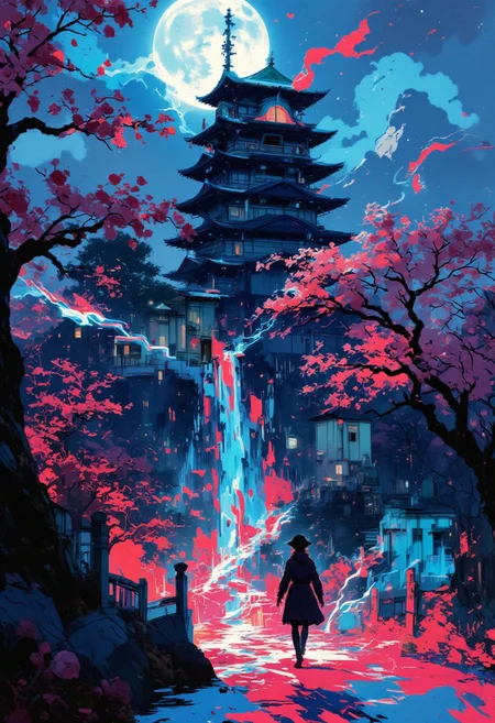 anime art, pscho_4rt, a breathtaking ultra-HD anime-style illustration of a electro_style, cowboy, masterpiece, best quality, newest, absurdres, highres, by an ancient japanese edo castle, sunset, ink artwork, sharp color, sakura trees in the background, moon in background. The atmosphere is tranquil yet powerful, evoking a sense of nostalgia and wonder. Highly detailed character, precise silhouette, cinematic lighting, ultra-realistic textures, dreamy and immersive composition, masterpiece. mainly blue and pink colours
