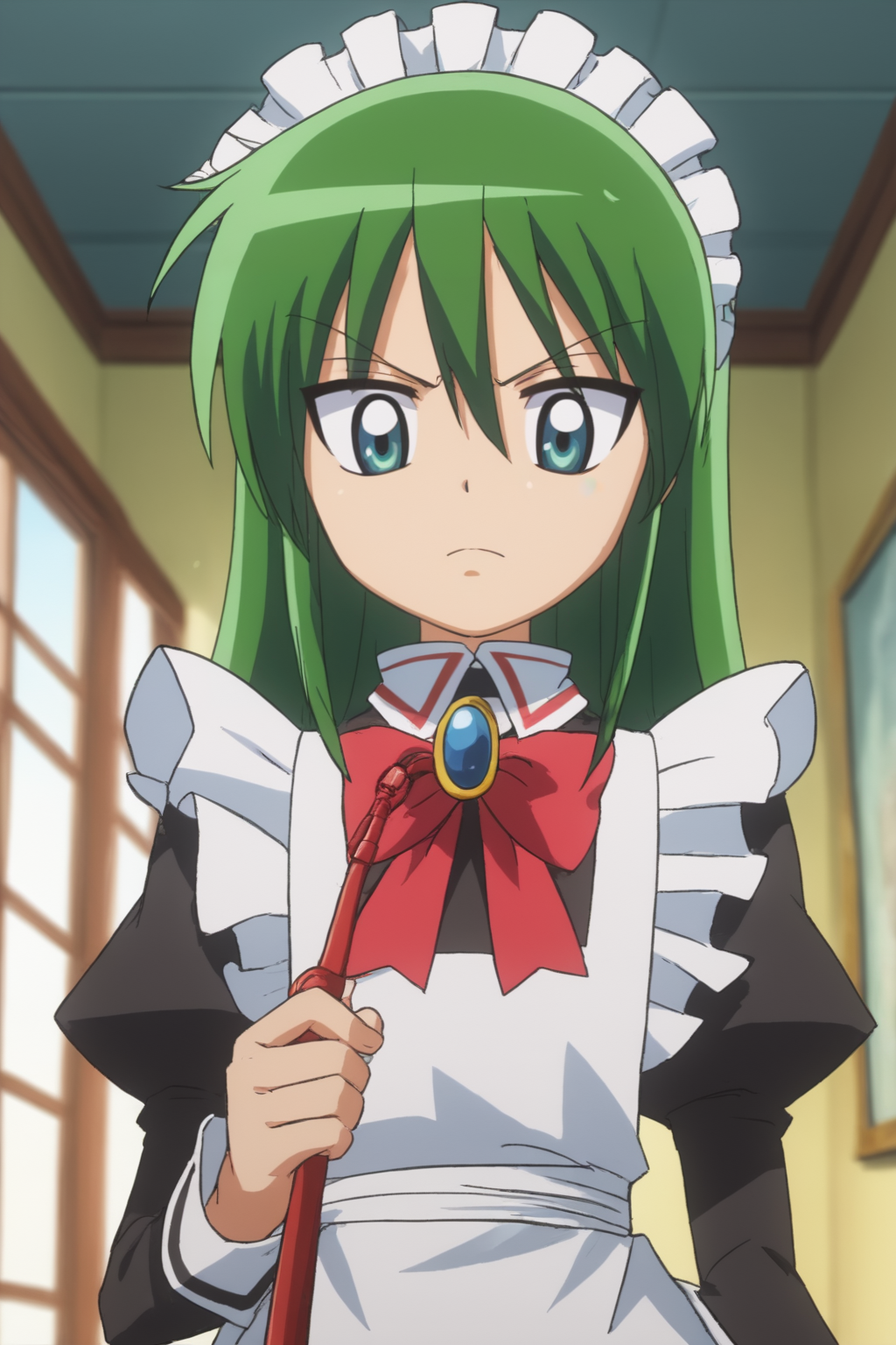 rating_safe, score_10, score_8_up, score_7_up, score_6_up, uncensored, anime screencap, flat shadows BREAK saki kijima, maid, upper body, perfect composition, perspective, detailer background