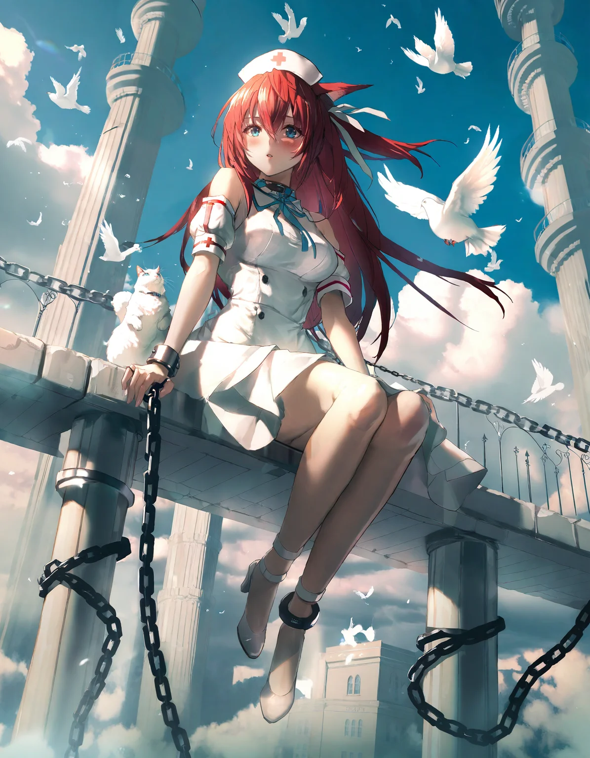amazing quality, best quality, 1girl, solo, blush, red hair, long hair, hair between eyes, hair ribbon, cat ears, blue eyes, medium breasts, detached sleeves, pink sleeves, white skirt, white ribbon, white dress, off shoulder, neck ribbon, nurse, nurse cap, <lora:neg101:0.9>, tower, sitting on building, sitting, stairs, film grain, sky, day, cloud, blue sky, floating hair, chain, cuffs, shackles, pillar, chained, dove