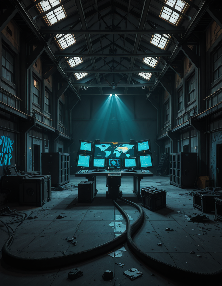 A dark, abandoned warehouse transformed into a villain's secret lair. The structure is massive and industrial, with rusted steel beams, shattered windows, and crumbling concrete walls covered in old graffiti. The floor is dusty and cracked, with scattered debris and oil stains. Dim red and blue lights glow from hidden sources, casting eerie, atmospheric shadows throughout the space. In the center, a high-tech command station glows with holographic maps, control panels, and futuristic computer screens. Advanced equipment, weapons racks, and strange scientific devices are neatly arranged on steel tables. Thick black cables snake across the floor and dangle from the ceiling. Makeshift metal dividers and reinforced crates create hidden zones for operations and storage. The setting is cinematic, mysterious, and tense, with dramatic lighting, high contrast between dark corners and glowing tech, and a realistic, moody art style â like a scene from a dystopian sci-fi thriller. No people or figures are present. 
<lora:SDXLFaeTastic2400:0.4> <lora:extremely_detailed:0.4> extremely detailed,villain secret l41r, <lora:villain_secret_l41r-i:1>, Masterpiece,best quality,hi res,8k,hi res,8k,award winning,(sharp focus, intricate, highly detailed),