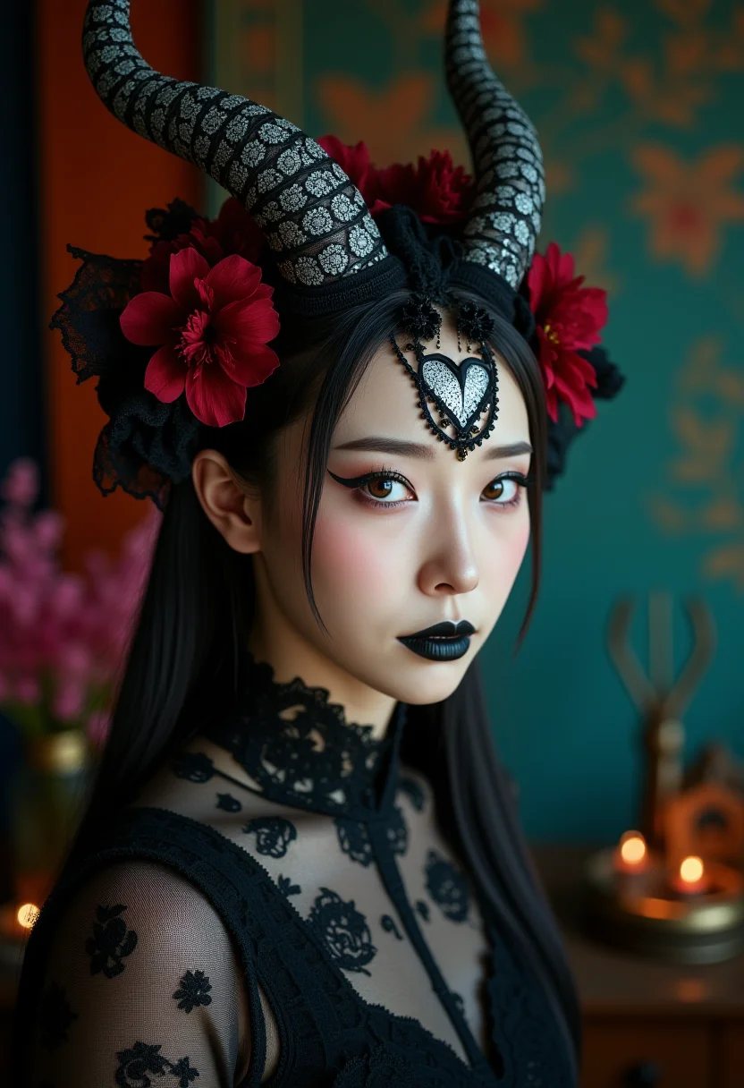 photo of a korean woman,A strikingly close up portrait of a beautiful young european woman is adorned with large, hazel eyes, slate grey horns with gold ornements that sweep majestically from her head, contrasting with her flawless, porcelain skin with intricate face tattoos. Her pointy ears add a mystical touch to her appearance, intricate black lace headdress,featuring circular floral patterns interwoven with red chrisanthemum. Her face is bold with dark dramatic, black eyeshadow, intricate embroidery black detailled makeup, black lips, highlighting her sharp features and giving her an intense, enchanting aura. She is wearing dark embroidery Gothic clothes. The scene is set in a magical, softly lit workshop filled with vibrant fabrics and mystical tools, reflecting her powerful and otherworldly presence. Bokeh, Rust teal background,anime art of girl/woman
