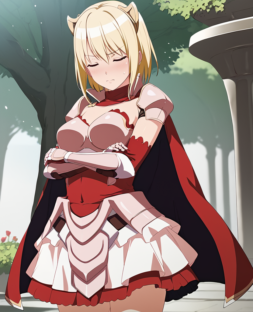 score_9, score_8_up, score_7_up, BREAK source_anime, rating_explicit, best quality, masterpiece, uncensored, 1girl, <lora:lilith_blade:1> lilith_blade, 1girl, solo, gloves, armor, gauntlets, cape, shoulder armor, pauldrons, breastplate, dress, hair ornament, red cape, skirt, medium breasts, elbow gloves, hair between eyes, frills ,standing, (in garden), (tsundere:1.3), blush, cowboy shot, (crossed arms, closed eyes), sweat on face, facing away