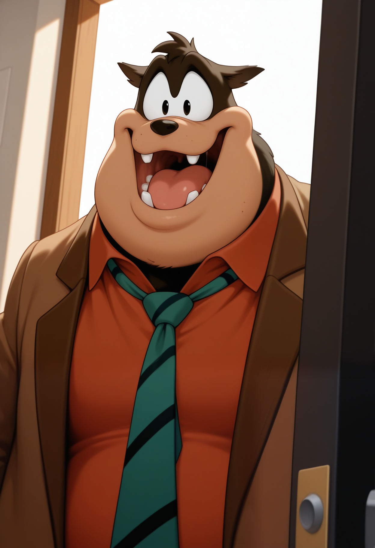 masterpiece,best quality,amazing quality, 1boy, solo, p3t3, furry male, brown jacket, tie, red collared shirt, close up, side angle, happy, walking through door, greeting,
