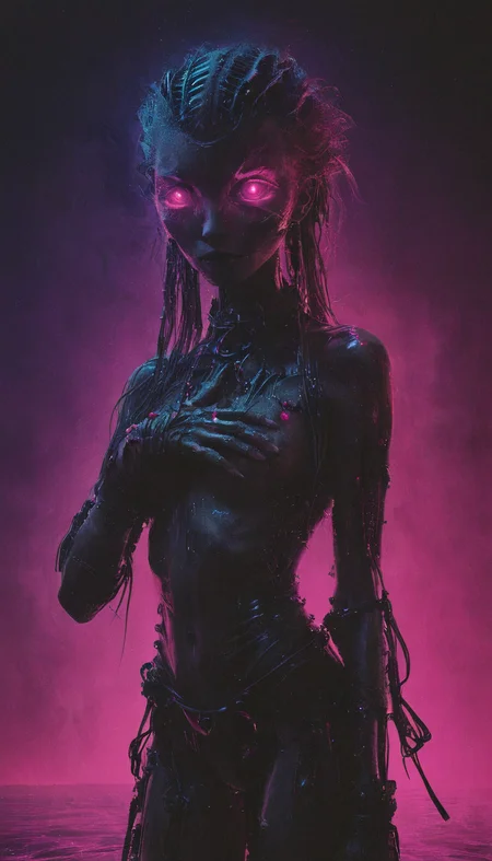 Hyper-realistic image, synthwave, Richly textured photograph, dark, low-key, <lora:XSfenlie:0.4> fenliexl, mixed media, surrealism, <lora:IPXL_v2:0.6> inkpunk, <lora:Astigmatism_0.5b:0.3>
