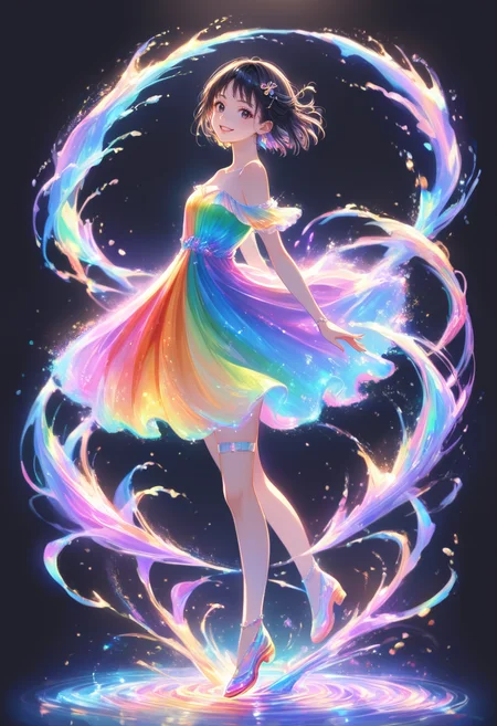 score_9, score_8_up, score_7_up, masterpiece, best quality, perfect anatomy, very aesthetic, ((outlined outlined vector graphics)),no norm,
, cute face, (glow eyes:0.8), glittering, glimmering,side view, black background, rainbow ring, looking at viewer,full body ,rainbow splash, rainbow water,
20yo, black hair, black eyes, short bob hair, hair pin,mdeium breast, slender,(white thigh strap:1.1), rainbow dress, off shoulder dress, action pose, smile beam,happy, open eyes ,
jewelry, earrings, parted lips, <lora:rainbow-dress-01:1>