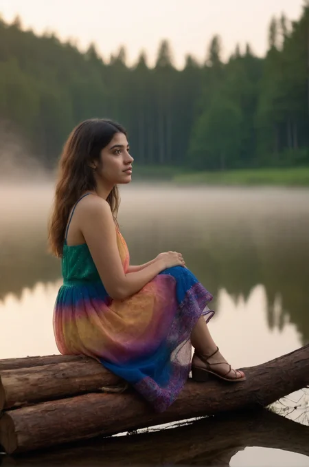 tv_Generic_25yo_Algerian, , calm expression, wearing a colorful sundress, sitting on a log at a misty forest pond, golden hour, shot from the side, , 8k resolution, highres, high detail, sharp focus, , 8k uhd,