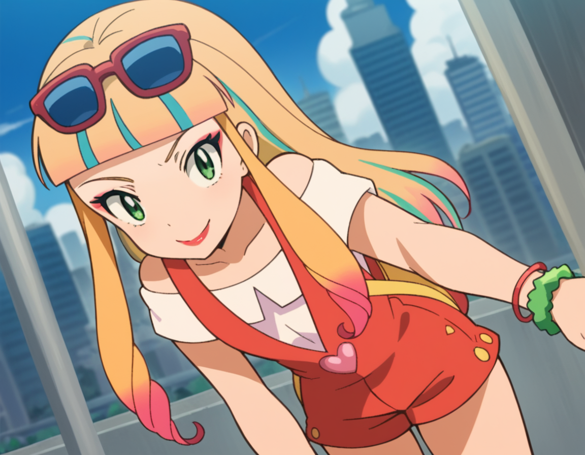score_9, score_8_up, score_7_up, source_anime,
pokemonrisa, <lora:pokemon-risa-movie-ponyxl-lora-nochekaiser:1>,
risa, long hair, bangs, blonde hair, green eyes, multicolored hair, blunt bangs, makeup, lipstick,
shirt, jewelry, short sleeves, heart, bracelet, sunglasses, eyewear on head, overalls, overall shorts,
cityscape, street, bent over, smile,
looking at viewer, cowboy shot, solo, dutch angle,