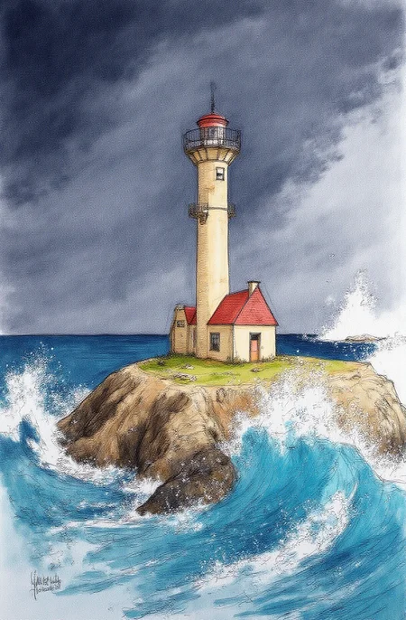 Sharp image of a rough sketch, rendered in vibrant multi colour ballpoint pen, capturing the adorable features of a portait of a lighthouse on a rocky island in the middle of the ocean. The lighthouse is a tall, beige-colored tower with a red roof and a small red building on top. The sky is dark and cloudy, and the ocean is turbulent with large waves crashing against the shore. The waves are white and foamy, creating a dramatic scene. The overall mood of the image is dramatic and dramatic. p3nsk, <lora:p3nsk:1>