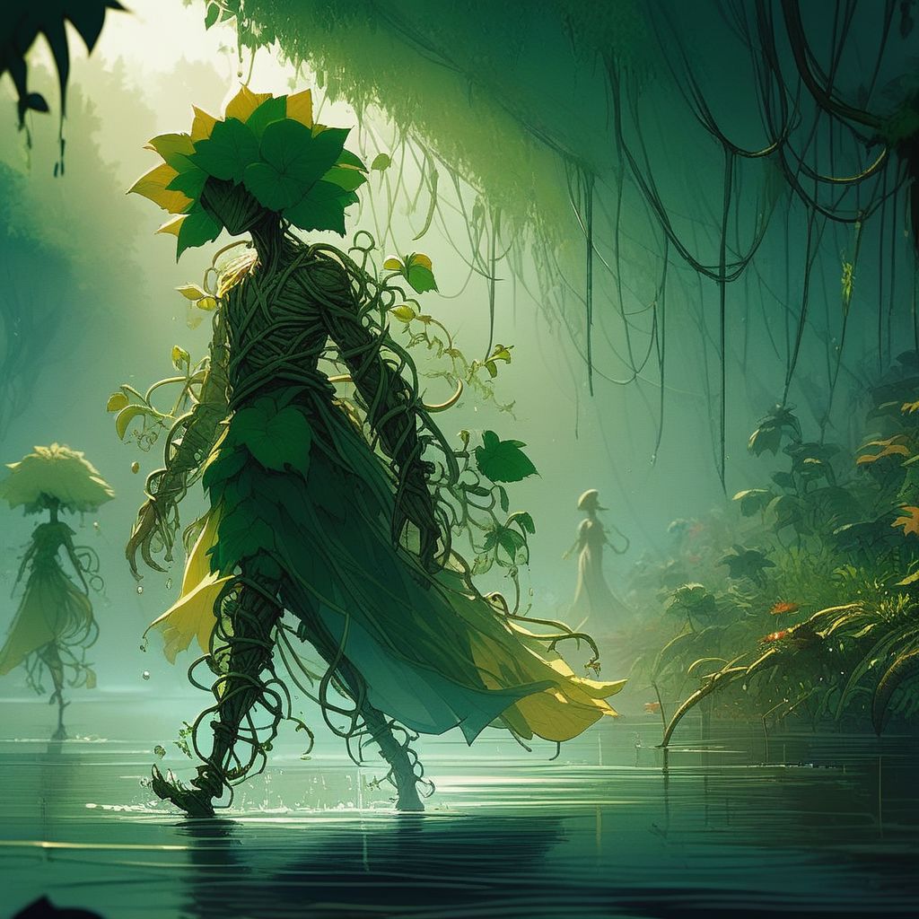 score_9, score_8_up, score_7_up, A plant humanoid, venus-fly-trap sprouting from her body and face, long vine dress, walking in a swamp, high quality smooth anime