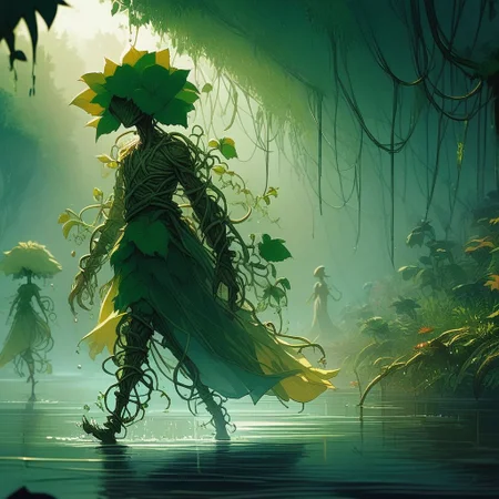 score_9, score_8_up, score_7_up, A plant humanoid, venus-fly-trap sprouting from her body and face, long vine dress, walking in a swamp, high quality smooth anime