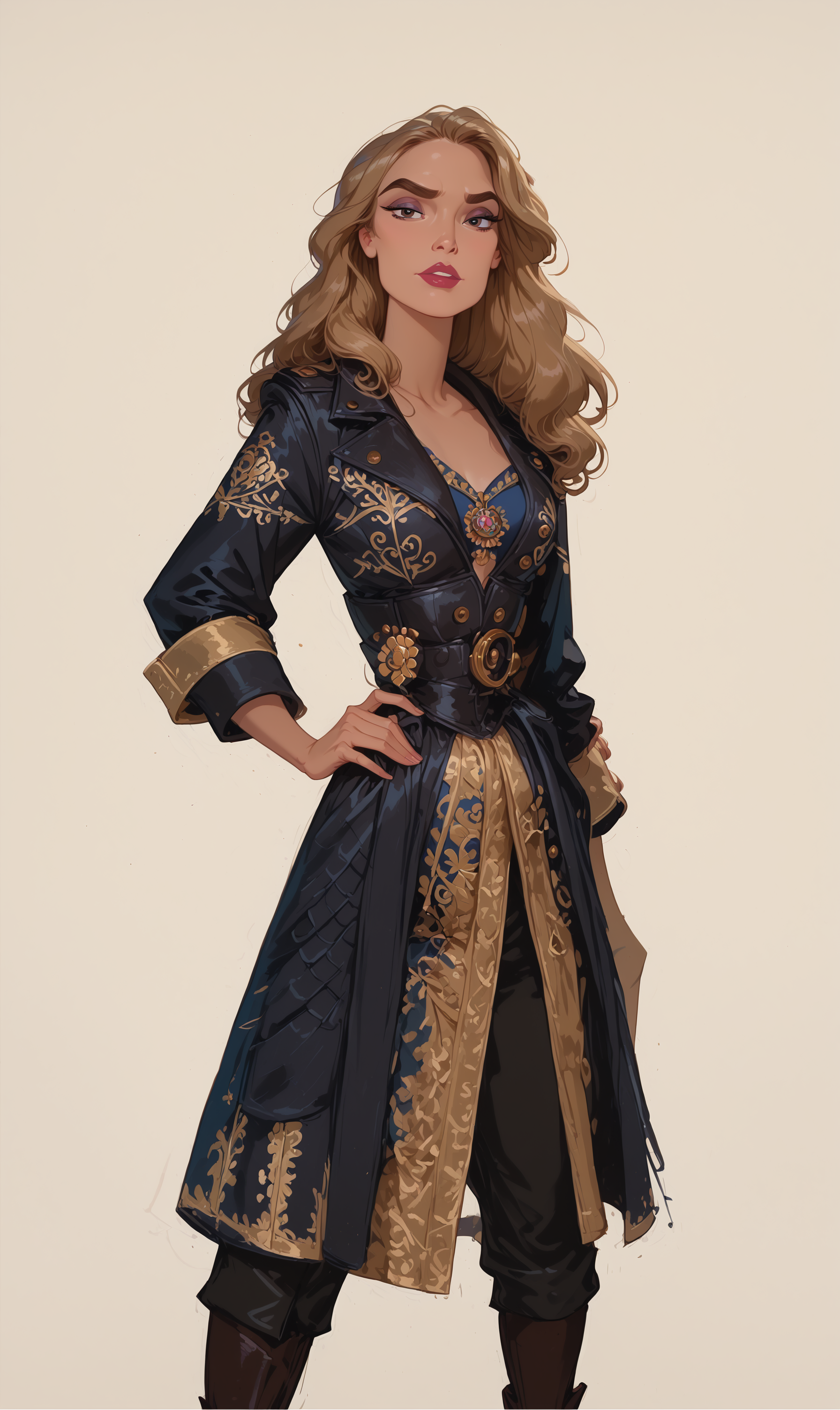 <lora:Disney_Style:.9> <lora:princess_xl_v2:.75> <lora:add-detail-xl:.9> <lora:g0th1cPXL:.3> <lora:Cherry-Gig:.45> <lora:Expressive_H:1> <lora:PLASTT_PonyV6:1> <lora:Elizabeth_Swann_ZairaSass_v1:1> score_9, score_8_up, score_7_up, zPDXL, DisneyRenstyle, score_9,score_8_up,score_7_up,score_6_up, 
(white background, plain background, ambient light), (standing, full body), 
1girl, solo, sexy 18 year old, british girl, (Elizabeth Swann, Pirate King), perfect face, beautiful face, defined cheekbones, defined jawline, light brown hair, thick hair, thick dark eyebrows, dark brown eyes, dark lashes, thin lips, nude colored lips,  
confident expression, narrow eyes, one hand on hip, perfect hands, 5 fingers, slender waist, tall, slender, sexy, correct proportions, accurate height proportions, 
black coat with decorative golden symbols, black leather underbust corset, black trousers, black boots, feet apart, legs apart,