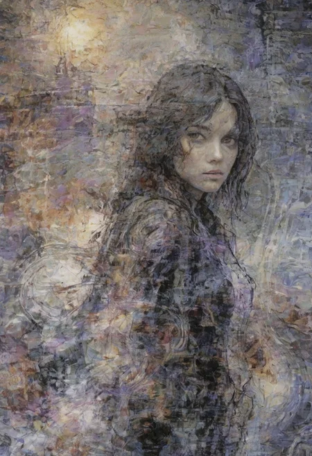 a world inside me, street, epic fantasy, dark fantasy, gritty, real, graffiti, long hair, (((silhouette))), expressionism art, fractals, stopwatch, deep purple and gray, at dusk, cinecolor, (dimmed colors:1.1), hdr, mentixis, linquivera