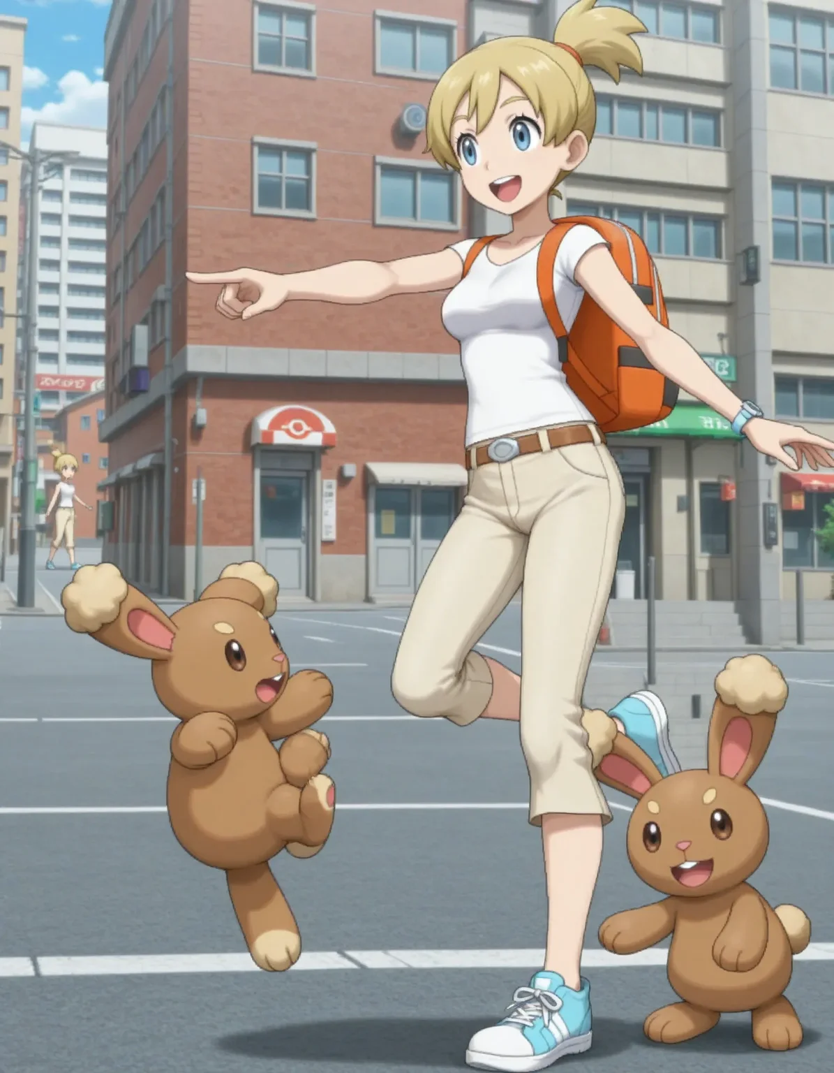 1girl,masterpiece,best quality,anime screencap,pokemon,
<lora:backpackerBW_pokemon_v1_IL:0.6>,backpackerBW,blue eyes,blonde hair,bangs,white shirt,beige capri pants,brown belt,hair between eyes,short sleeves,short ponytail,high ponytail,orange backpack,breasts,topknot,tareme,upper teeth only,light blue sneakers, light blue z-ring, knee up,
open mouth,<lora:dmd2_sdxl_4step:1>,smile,day, open mouth, looking to the side, pointing, full body, happy, standing on one leg,building,city,
(buneary:1.3)