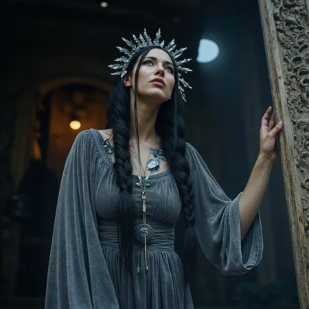 analog film photo Ultra quality, ultra detailed colors and textures, ultra realistic, ultra lighting, cinematic, ethereal atmosphere, ethereal woman, analog photography, analog photo <lora:mysticgoddessv2.10:1> mgdssv2, analog 3/4 body portrait of a woman in a long slate-gray velvet dress with flared sleeves, standing near a carved wooden altar, soft moonlight hitting the side of her face and arm, a circlet of silver leaves on her head, long dark hair braided with threads of white silk, eyes focused upward in trance, the air around her dense with atmosphere, shot on Hasselblad 500CM with Ilford HP5, dreamy high-grain monochrome texture, mystical elegance and quiet strength, RAW candid cinema, 16mm, color graded portra 400 film, remarkable color, ultra realistic, textured skin, remarkable detailed pupils, realistic dull skin noise, visible skin detail, skin fuzz, dry skin, shot with cinematic camera . faded film, desaturated, 35mm photo, grainy, vignette, vintage, Kodachrome, Lomography, stained, highly detailed, found footage