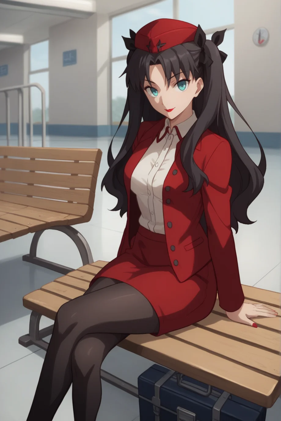score_9, score_8_up, score_7_up, score_6_up, score_5_up, score_4_up, BREAK 1girl,
<lora:TohsakaRinXL-v1-04:0.7>, ChopioTohsakaRin, black hair, long hair, parted bangs, two side up, hair ribbon, aqua eyes, looking at viewer,
(thick thighs:0.7), medium breasts,
airport, suitcase, shiny marble floor, flight attendant, black pantyhose, red skirt, red jacket, white collar, red hat, tight clothes, seductive smile, red lipstick, buttoned jacket, red hat, bench, sitting, crossed legs,