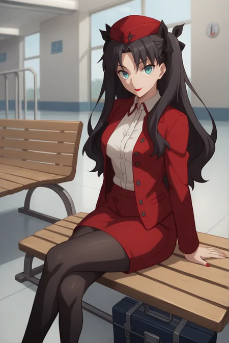 score_9, score_8_up, score_7_up, score_6_up, score_5_up, score_4_up, BREAK 1girl,
<lora:TohsakaRinXL-v1-04:0.7>, ChopioTohsakaRin, black hair, long hair, parted bangs, two side up, hair ribbon, aqua eyes, looking at viewer,
(thick thighs:0.7), medium breasts,
airport, suitcase, shiny marble floor, flight attendant, black pantyhose, red skirt, red jacket, white collar, red hat, tight clothes, seductive smile, red lipstick, buttoned jacket, red hat, bench, sitting, crossed legs,