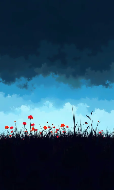Full-frame, vertical shot of a stylized landscape. 
The background transitions from a deep navy blue at the top to a light, hazy blue-white towards the horizon. This gradient creates a soft, diffused effect, suggesting twilight or dawn.
Against this backdrop, a line of dark silhouettes of grass extends across the lower portion of the image, creating a horizontal band.  Several small, red, stylized floral silhouettes are interspersed amid the grass.  The flowers are simple shapes, and the silhouettes appear almost like blooms rather than naturalistic representations.
One or two taller, slender plant silhouettes are prominent in the middle ground, standing out from the grass line. The silhouettes are very simplified and lack fine details. The overall impression is of a stylized, graphic representation, rather than a photographic rendering, of a grassy area at dawn or dusk.
<lora:FLUX-daubrez-DB4RZ-v2:1> DB4RZ, DB4RZ style painting