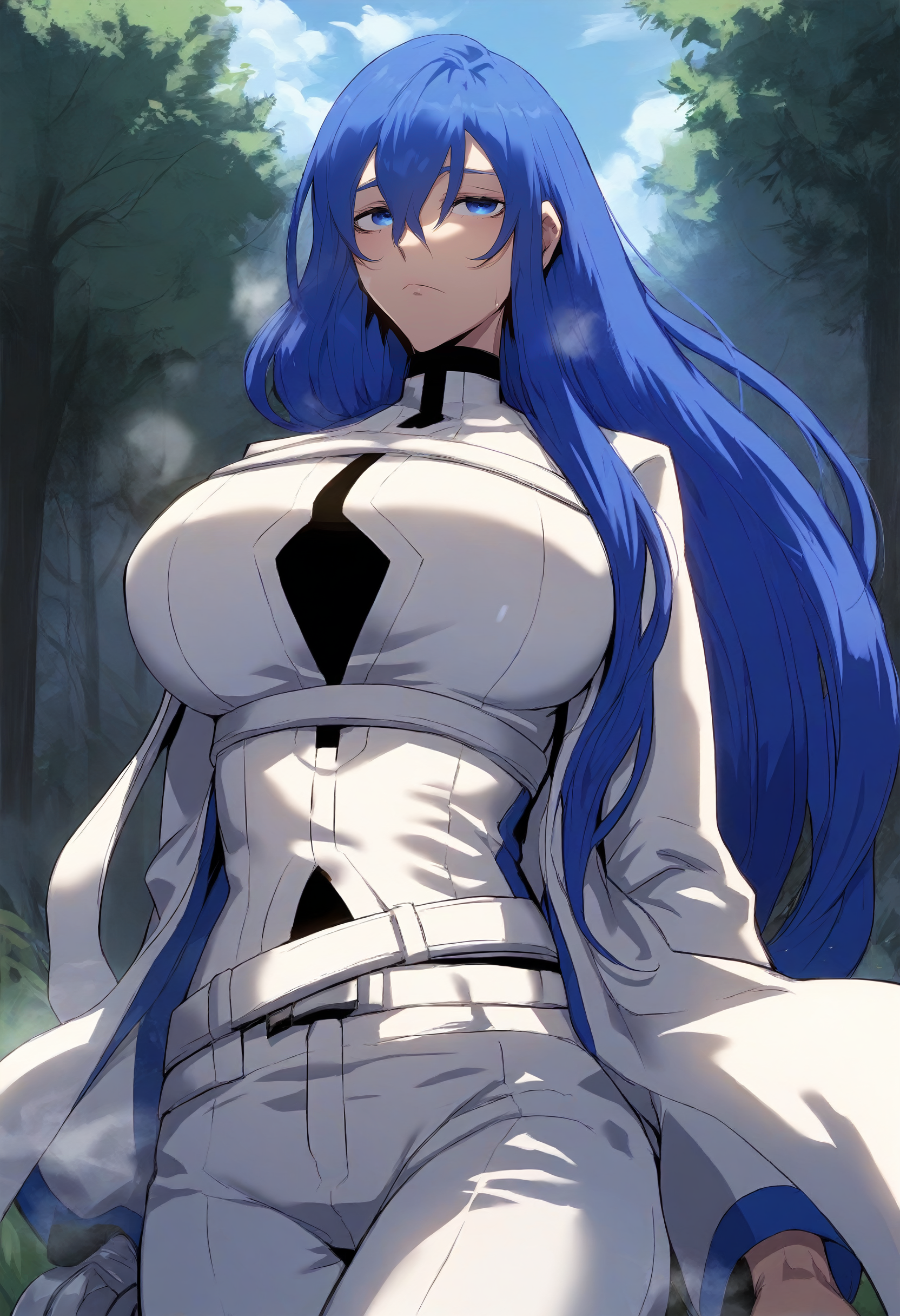 score_9, score_8_up, score_7_up, score_6_up, source_anime, rating_explicit, 1girl, solo, huge breasts, <lora:Freediya prefectPonyxl:1> blue hair, long hair, blue eyes, hair between eyes, turtleneck, white coat, white shirt, white belt, long sleeves, white pants, expressionless, Narrow shoulders, heavy breathing, steaming body, forest, outdoors, looking at viewer, (running:1.2)