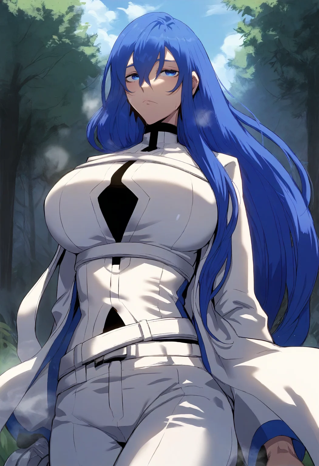 score_9, score_8_up, score_7_up, score_6_up, source_anime, rating_explicit, 1girl, solo, huge breasts, <lora:Freediya prefectPonyxl:1> blue hair, long hair, blue eyes, hair between eyes, turtleneck, white coat, white shirt, white belt, long sleeves, white pants, expressionless, Narrow shoulders, heavy breathing, steaming body, forest, outdoors, looking at viewer, (running:1.2)
