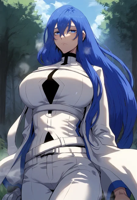 score_9, score_8_up, score_7_up, score_6_up, source_anime, rating_explicit, 1girl, solo, huge breasts, <lora:Freediya prefectPonyxl:1> blue hair, long hair, blue eyes, hair between eyes, turtleneck, white coat, white shirt, white belt, long sleeves, white pants, expressionless, Narrow shoulders, heavy breathing, steaming body, forest, outdoors, looking at viewer, (running:1.2)