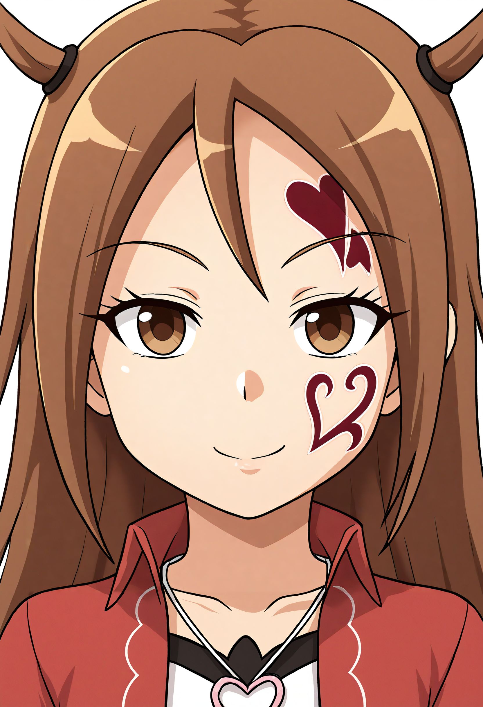 <lora:Hyper-SDXL-8steps-lora:1> score_9, score_8_up, score_7_up, best quality, uncensored, source_anime, 
BREAK
front view, little smile, closed mouth, standing, looking at viewer, upper body, portrait, close-up face, facing viewer, indoors, 
no background, white background, 1girl, (blush:-1.5), 
<lora:MK-kagamitina_XL(pony)v10:1> mk-kagamitina, brown hair, long hair, two side up, brown eyes, facial tattoo, heart necklace, white shirt, red jaket, pink skirt, red shoes,