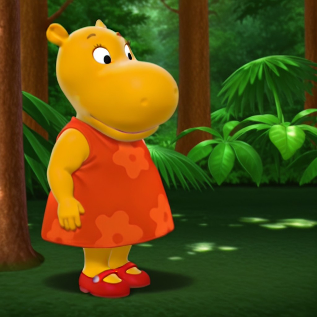 masterpiece, best quality, amazing quality, TashaByil, anthro, female, hippo, yellow skin, black eyes, orange dress, red mary-janes,, standing, in forest, solo, 1girl, <lora:83c367da-4ec8-4f25-b79a-09da1b6b9350:1.0>