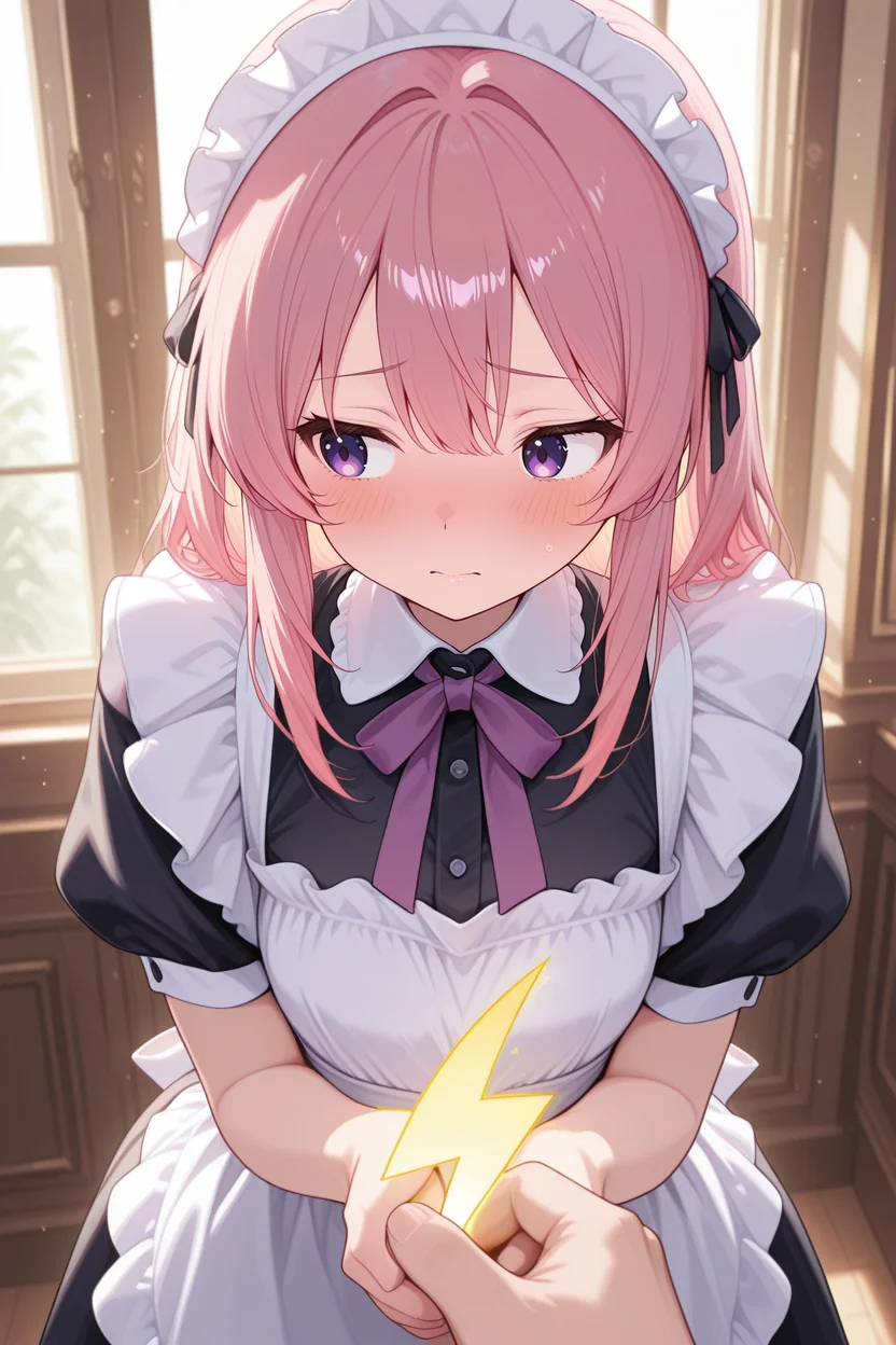 <lora:CivChan:1>,1girl,CivChan,purple eyes,pink hair,maid uniform,vibrant colors,vivid colors,saturated,blush,looking_away,indoor,
pov hands,holding : (yellow lightning bolt symbol),