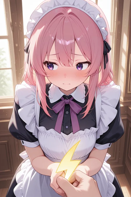 <lora:CivChan:1>,1girl,CivChan,purple eyes,pink hair,maid uniform,vibrant colors,vivid colors,saturated,blush,looking_away,indoor,
pov hands,holding : (yellow lightning bolt symbol),