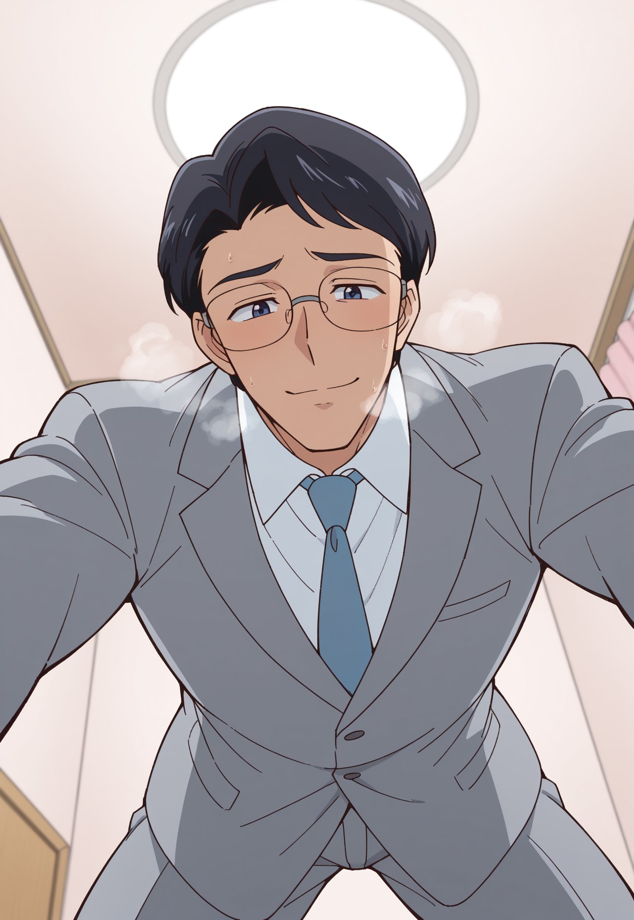 score_9, score_8_up, score_7_up, score_6_up, perfect anatomy, perfect proportions, best quality, masterpiece, high_resolution, high quality, highres, bara, 1boy, solo focus, solo, mature, masculine, manly, hunk, virile, handsome, charming, alluring, source_anime, anime coloringupper body, dutch angle, cowboy shot, BREAK kenji_tsukino, black hair, short hair, dark blue eyes, erotic, kinky, lewd, heavy breathing, steamy, nervous, seductive, on top of viewer focus, legs apart, leaning forward, expressive face, looking down at viewer, bend over, from below, dynamic angle, foreshortening, pov, atmospheric perspective, depth of field, newest, seductive_pose, grey suit, blue necktie, glasses