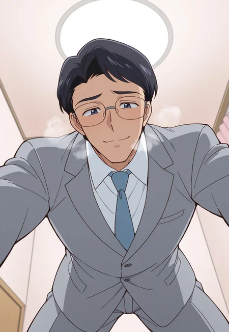 score_9, score_8_up, score_7_up, score_6_up, perfect anatomy, perfect proportions, best quality, masterpiece, high_resolution, high quality, highres, bara, 1boy, solo focus, solo, mature, masculine, manly, hunk, virile, handsome, charming, alluring, source_anime, anime coloringupper body, dutch angle, cowboy shot, BREAK kenji_tsukino, black hair, short hair, dark blue eyes, erotic, kinky, lewd, heavy breathing, steamy, nervous, seductive, on top of viewer focus, legs apart, leaning forward, expressive face, looking down at viewer, bend over, from below, dynamic angle, foreshortening, pov, atmospheric perspective, depth of field, newest, seductive_pose, grey suit, blue necktie, glasses