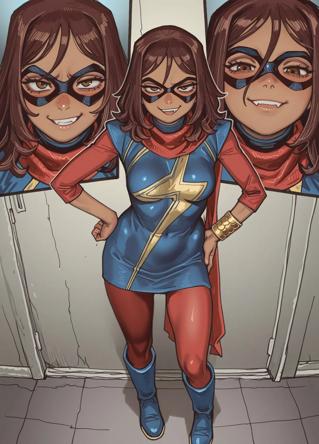 masterpiece, best quality, amazing quality, very aesthetic, absurdres, newest, detailed eyes, mossa-40k,
1girl, mmkamalakhan, brown hair, brown eyes, dark-skinned female, sleeves, blue dress, scarf, bracelet, red pantyhose, domino mask, blue boots, medium breasts, hand on hip, smug, looking at viewer, close up, low kiss,