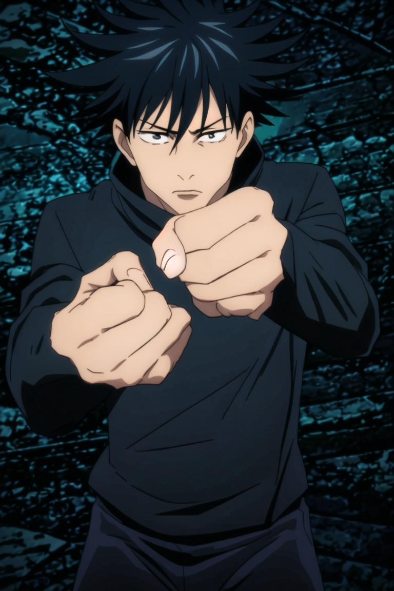 (masterpiece, top quality, best quality, realistic, beautiful and aesthetic:1.2) balled fist, looking at viewer, cowboy shot, 1boy, intense expression, <lora:MegumiFushiguro001:0.8> MegumiFushiguro, gakuran, pants, black top, dark top, dark shirt <lora:LCM_LoRA_Weights_SD15:1>