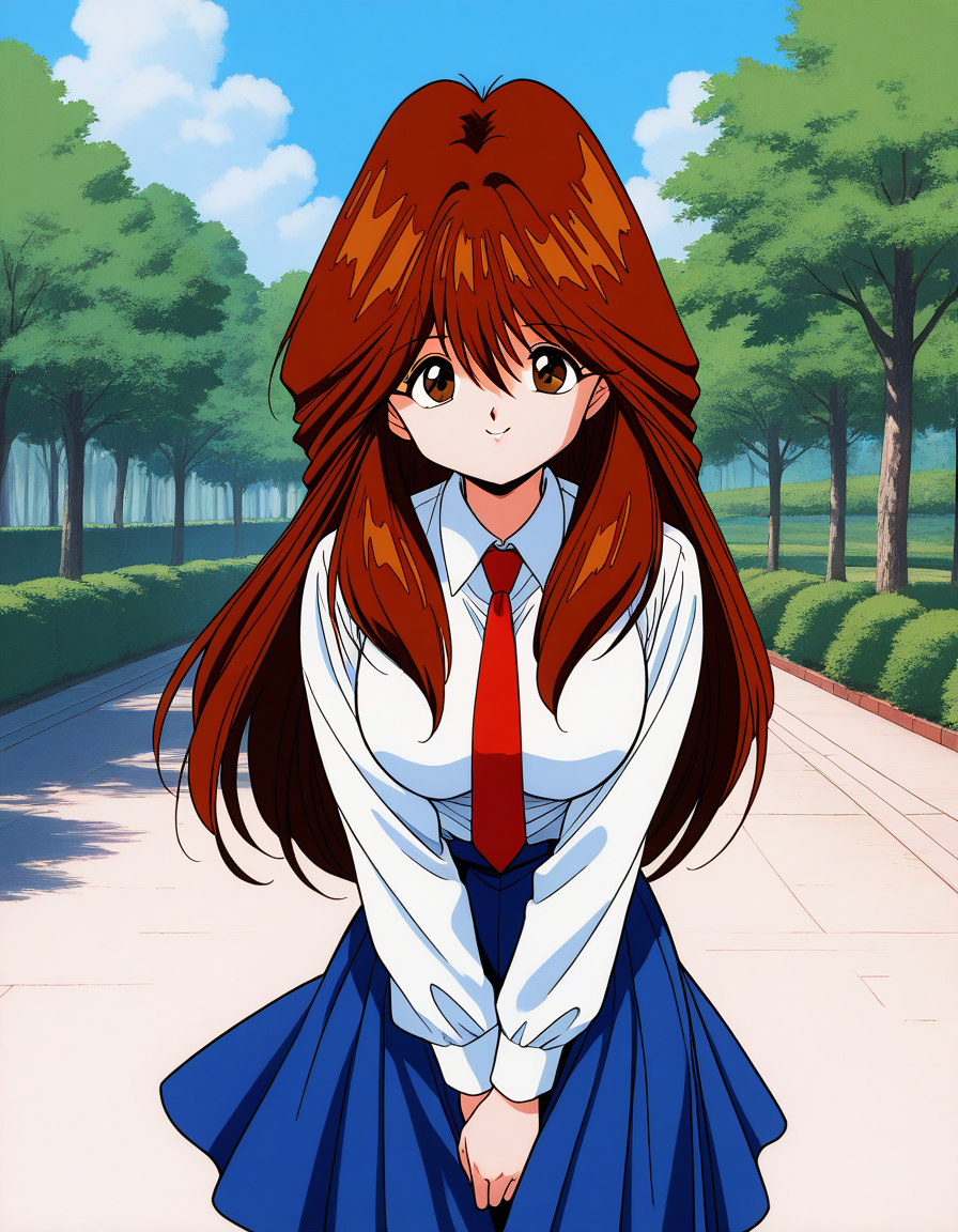 general,highres, ultra-detailed,very aesthetic,best quality ,best hands,  BREAK <lora:Kawai_Iyona_IS:1> KawaiIyona, long hair, brown hair, brown eyes, bangs, red hair, large breasts, hair between eyes, 1990s \(style\),anime coloring,
 smile, 1girl,1girl, solo, red necktie, blue skirt, smile, shirt, long sleeves, looking at viewer, white shirt, cowboy_Shot, collared shirt, 
v arms,
outdoor, day,