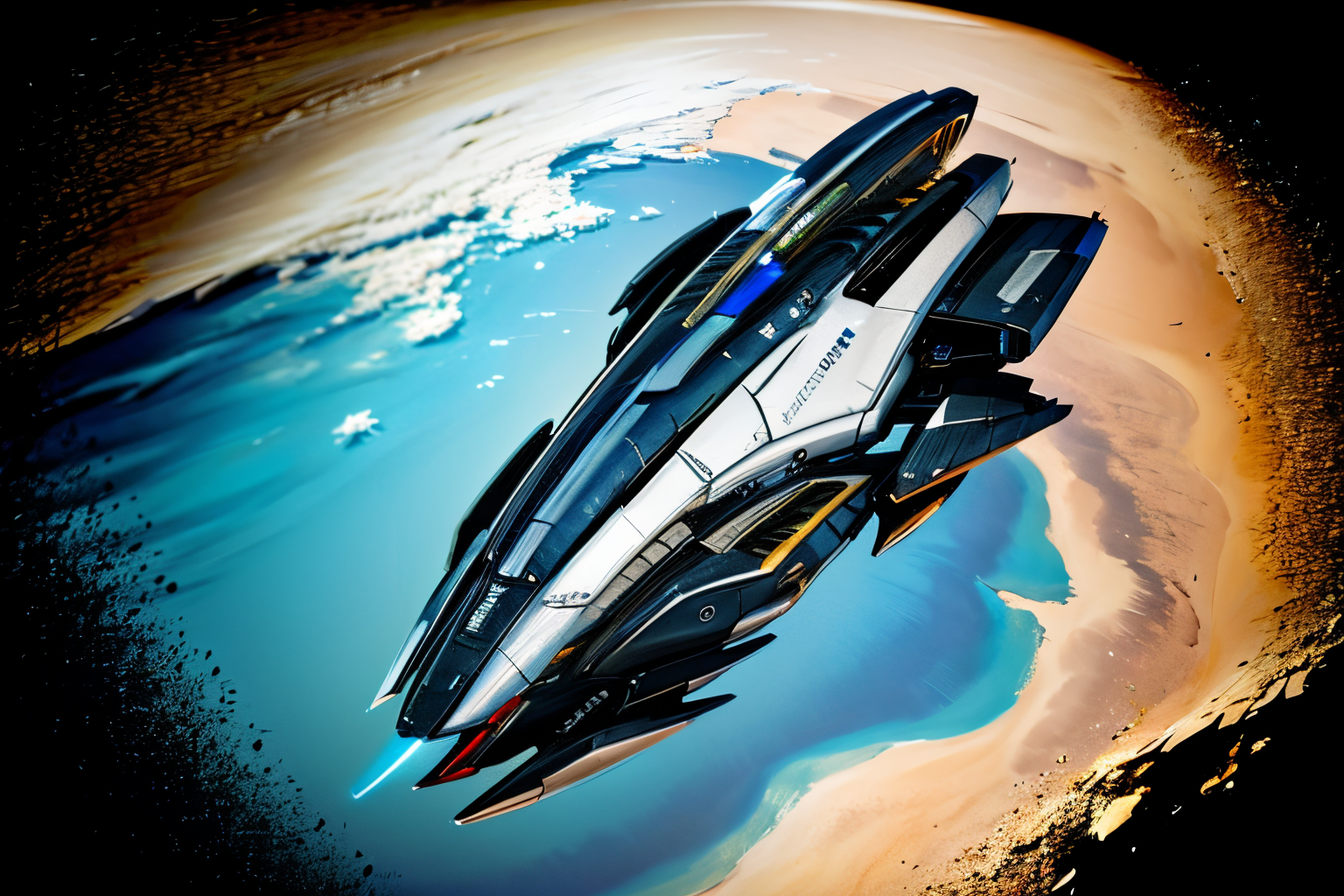(Realistic:1.5) (masterpiece) military, cloud, from above, outdoors, watercraft, shadow, artist name, concept art, signature, planet, <lora:EdobSpaceShip01_v1.0:0.8>