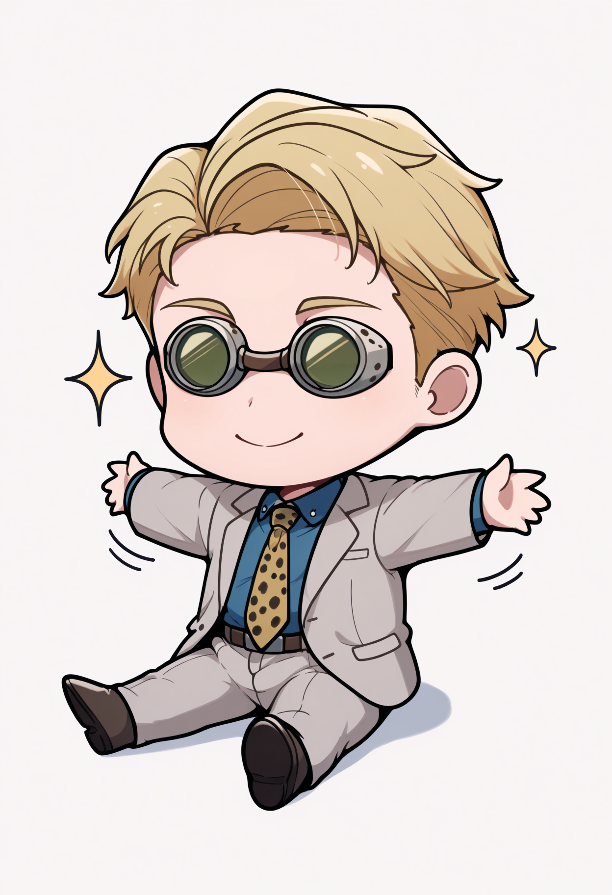 masterpiece, best quality, 1boy, solo, NanamiBase, blonde hair, short hair, goggles, grey jacket, yellow necktie, leopard print, blue shirt, collared shirt, grey pants, sitting, on floor, smile, sparkles, spread arms, chibi, meme, thick lines, simple background, white background, <lora:ChamKentoNanamiIllustriousXL:1>